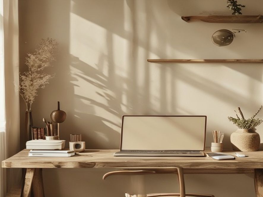 Laptop på ett bord med ergonomiska indikatorer